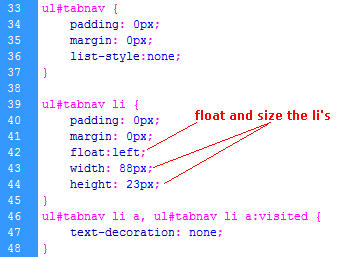 float and size the li of the css horizontal tabs