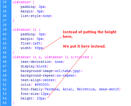 setting the height of the horizontal css tabs