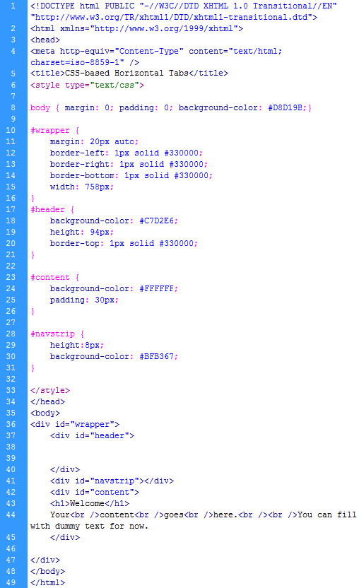 code of skeleton page for CSS horizontal tabs
