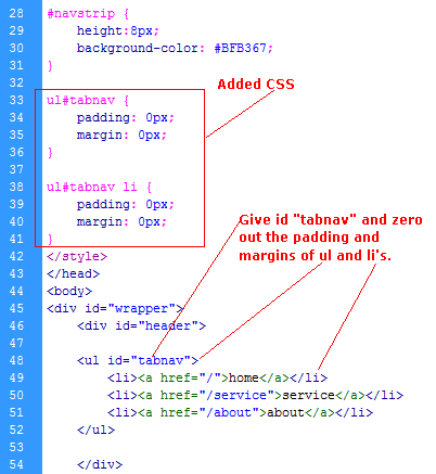 zero out margins and padding of css horizontal tabs