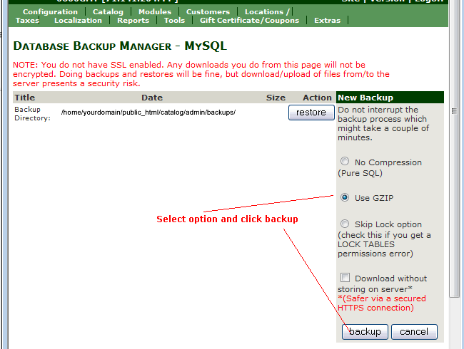 zencart backup option
