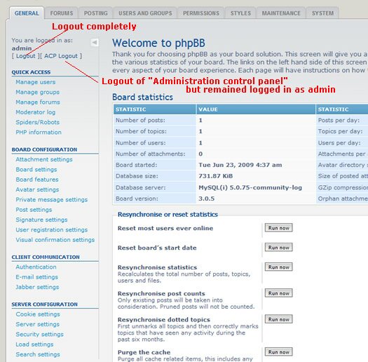 admin control panel logout links