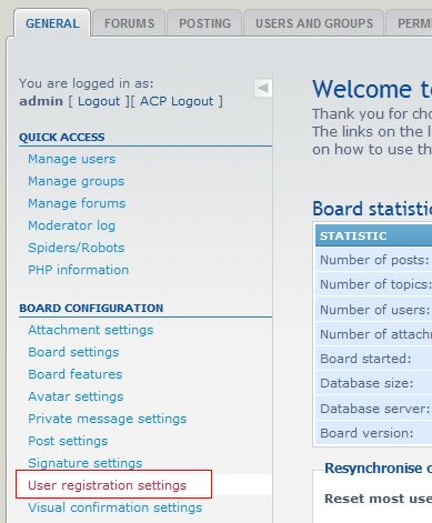 phpbb user registration settings