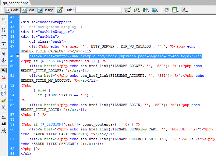 add main nav in ZenCart