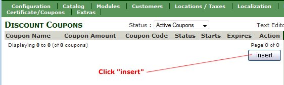 insert coupon in Zen Cart