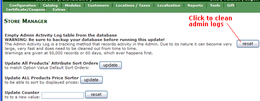 cleaning admin logs in zencart