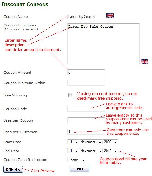 zencart coupon settings