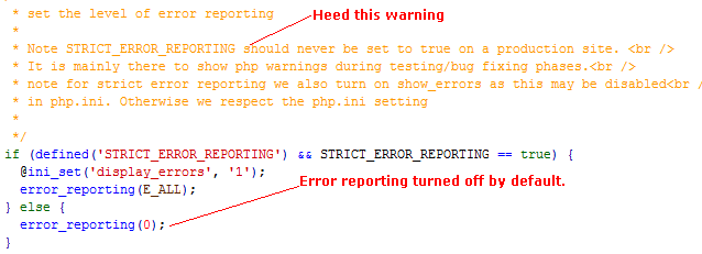 default error reporting in zencart