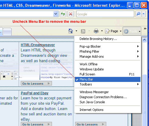 Remove menubar from Internet Explorer 7.0